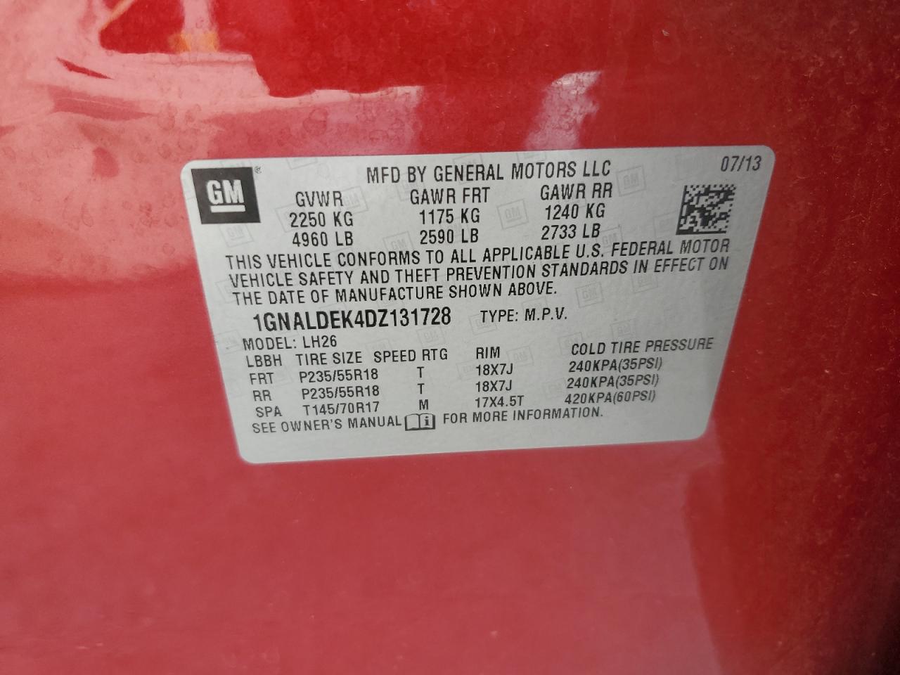 2013 Chevrolet Equinox Lt VIN: 1GNALDEK4DZ131728 Lot: 64789245