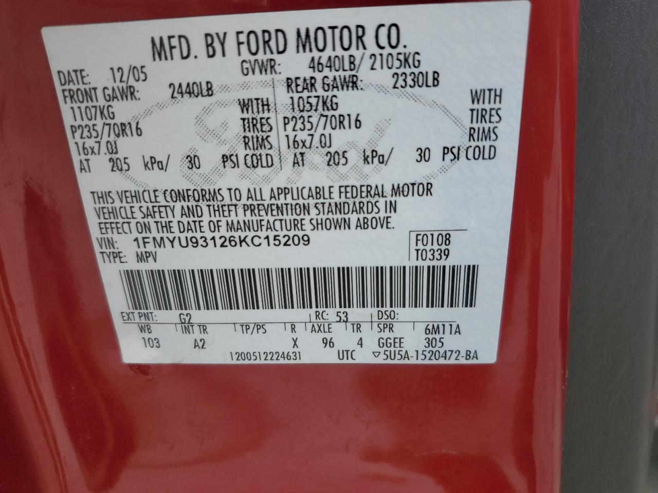2006 Ford Escape Xlt VIN: 1FMYU93126KC15209 Lot: 64124965