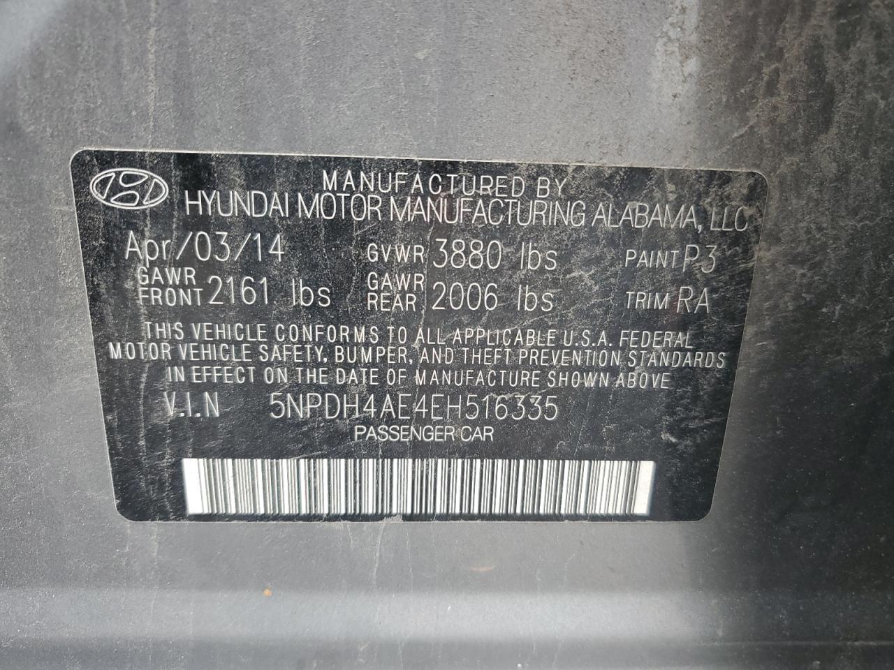 2014 Hyundai Elantra Se VIN: 5NPDH4AE4EH516335 Lot: 64999195