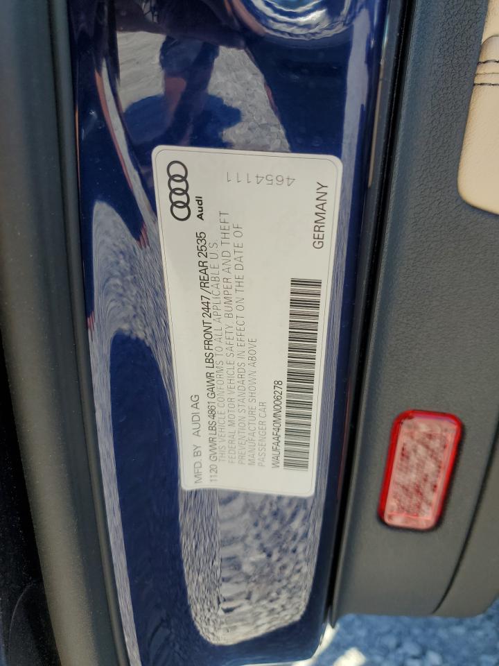2021 Audi A4 Prestige 45 VIN: WAUFAAF40MN006278 Lot: 62500235