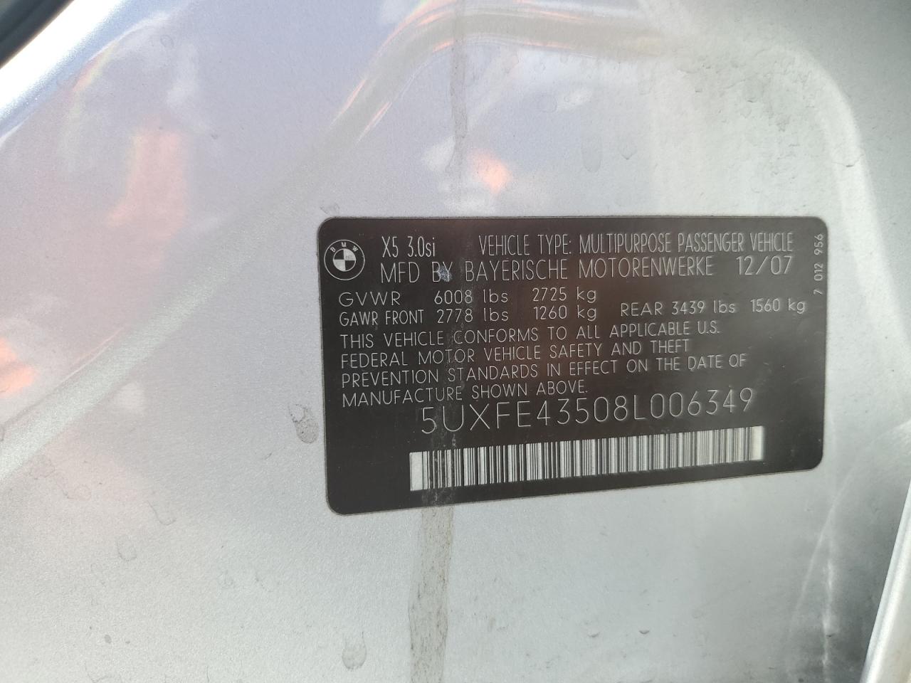 2008 BMW X5 3.0I VIN: 5UXFE43508L006349 Lot: 63939045
