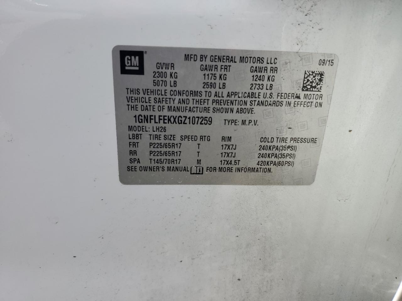 2016 Chevrolet Equinox Lt VIN: 1GNFLFEKXGZ107259 Lot: 64829255