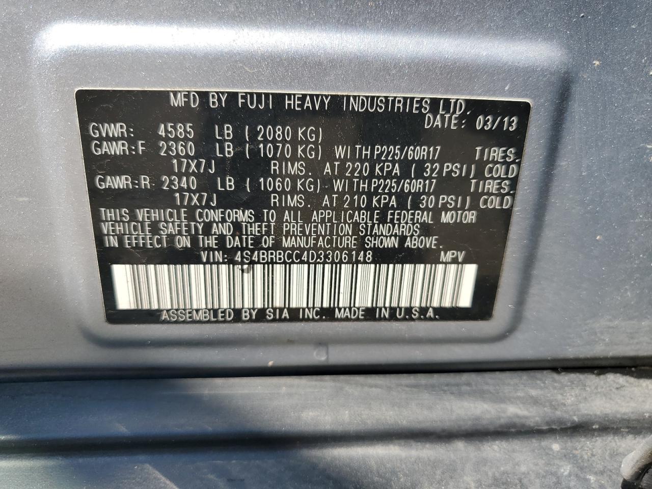 2013 Subaru Outback 2.5I Premium VIN: 4S4BRBCC4D3306148 Lot: 63703985