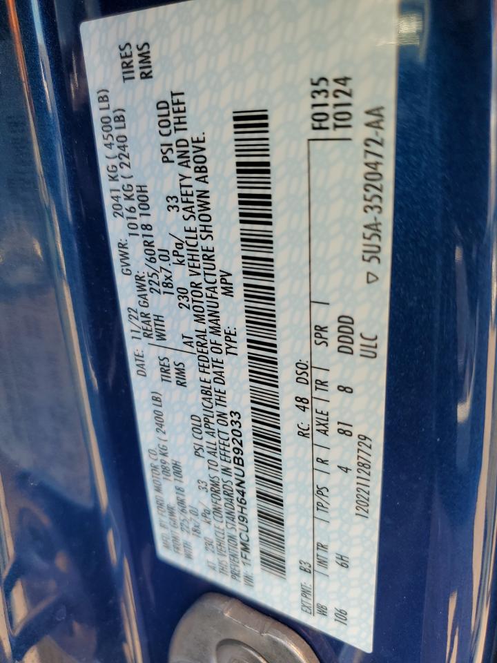 2022 Ford Escape Sel VIN: 1FMCU9H64NUB92033 Lot: 65171625