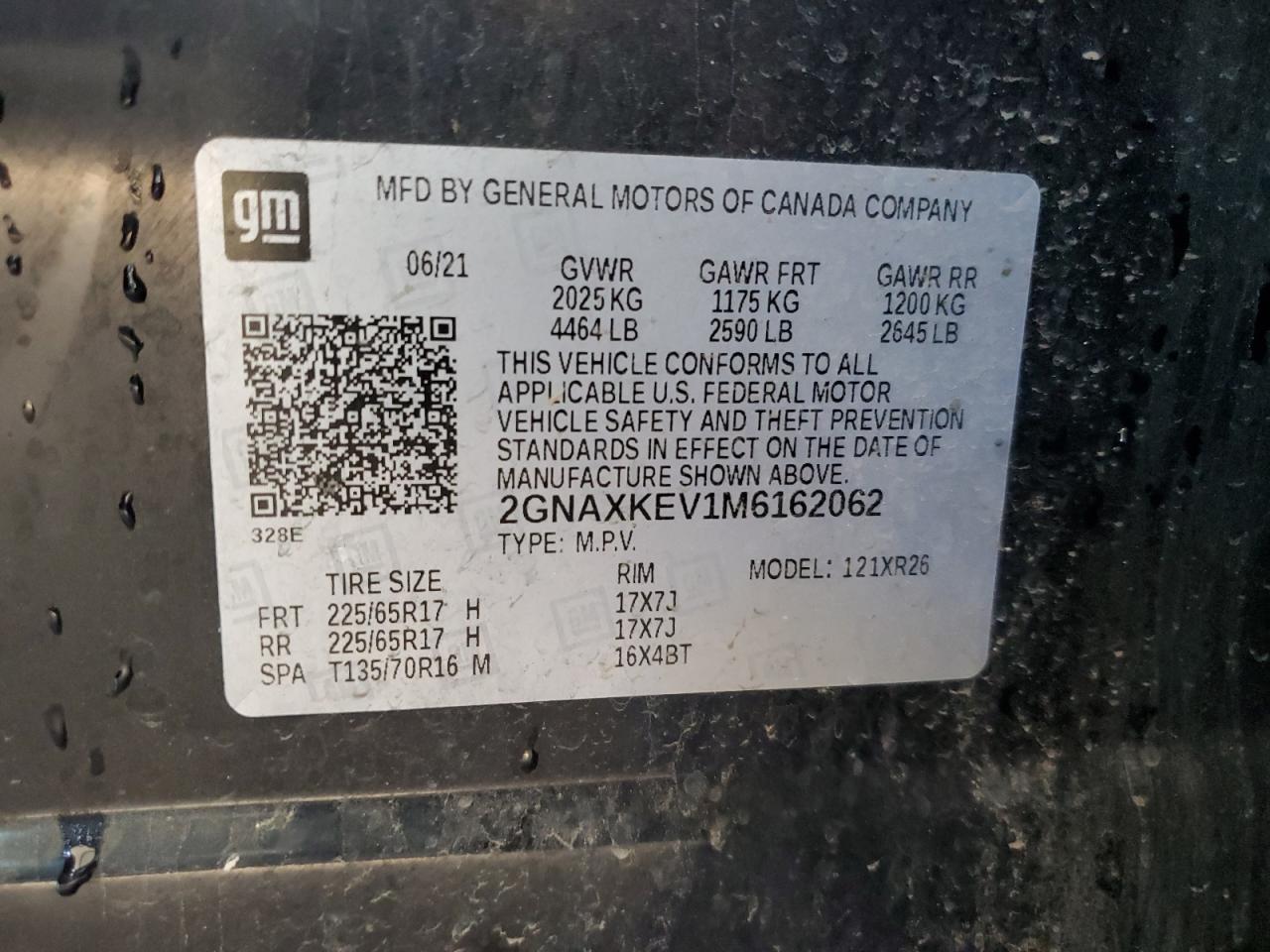 2021 Chevrolet Equinox Lt VIN: 2GNAXKEV1M6162062 Lot: 63826725