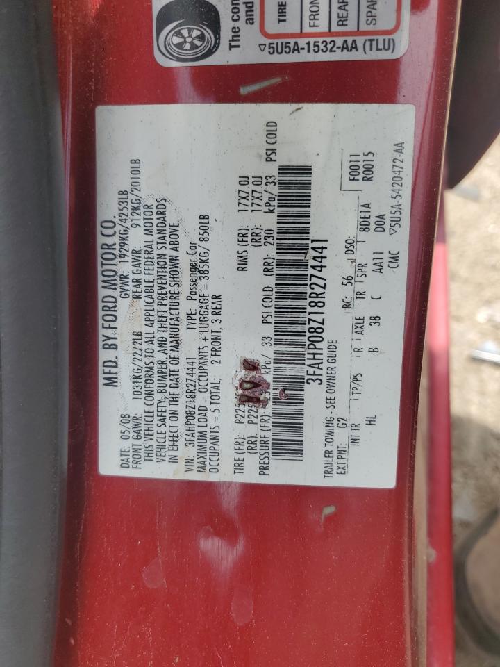 2008 Ford Fusion Sel VIN: 3FAHP08Z18R274441 Lot: 62521265