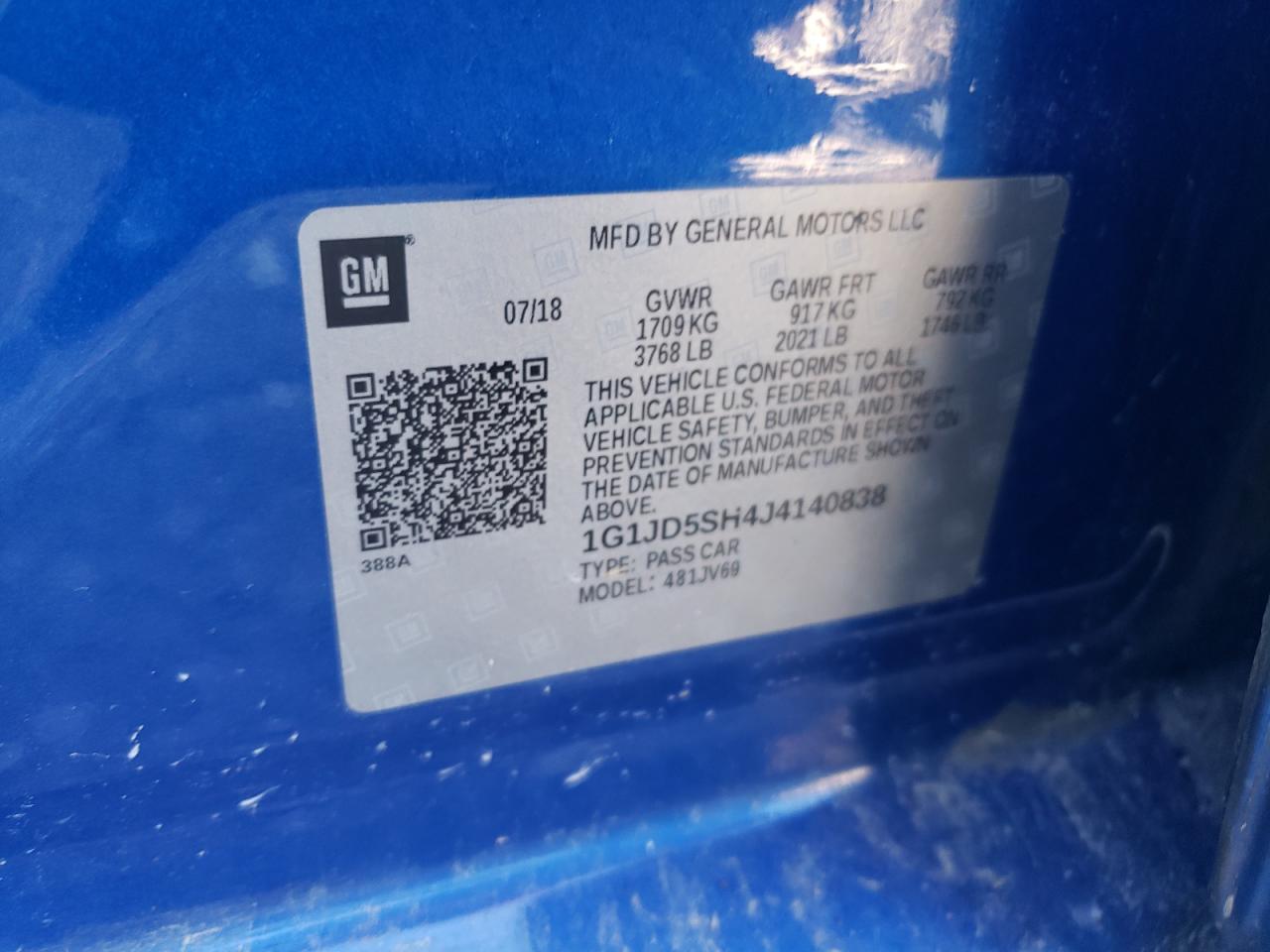 2018 Chevrolet Sonic Lt VIN: 1G1JD5SH4J4140838 Lot: 95332115