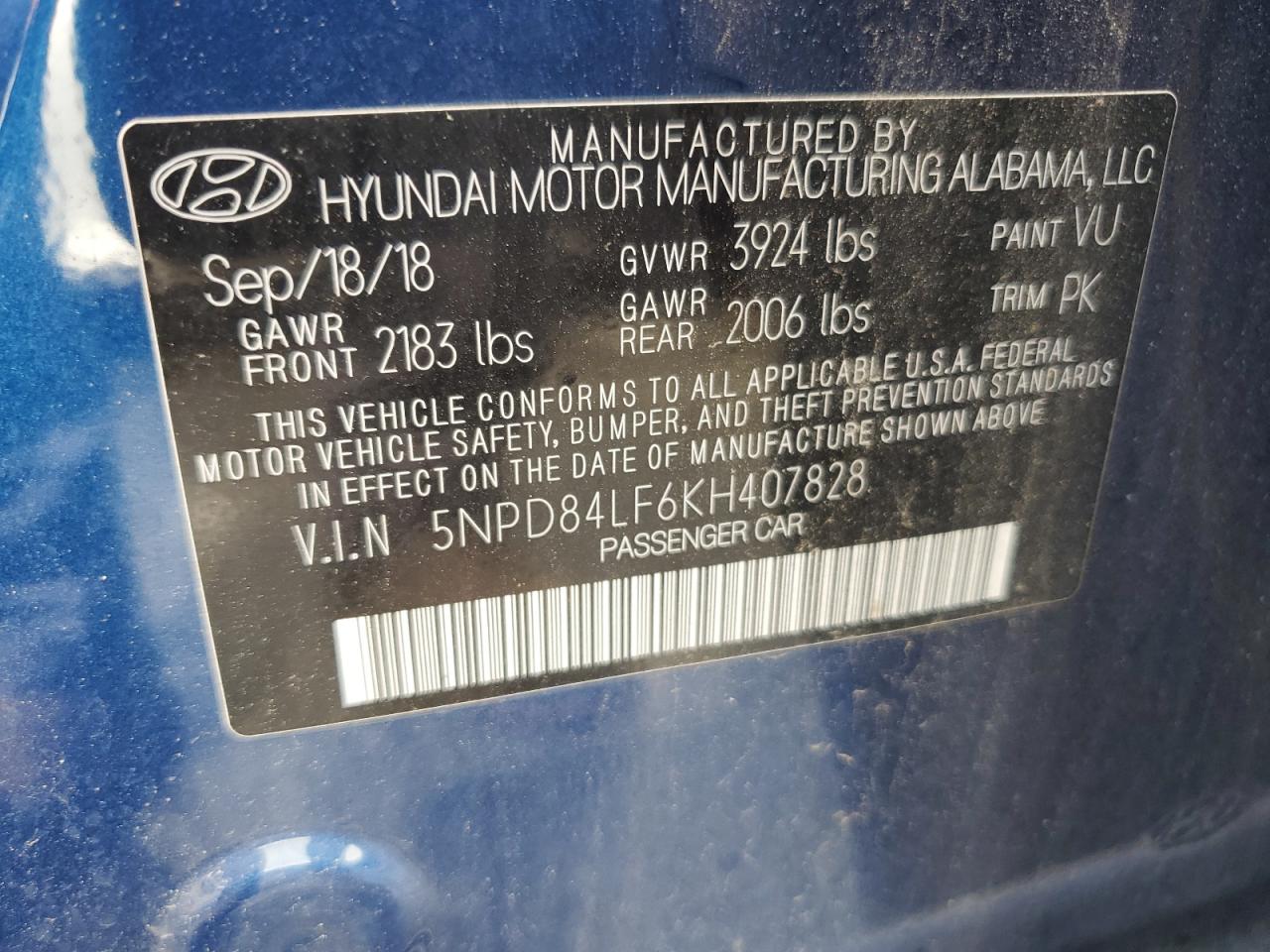 2019 Hyundai Elantra Sel VIN: 5NPD84LF6KH407828 Lot: 63322355
