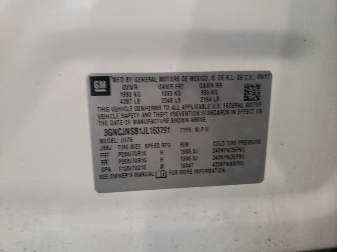 2018 Chevrolet Trax Ls VIN: 3GNCJNSB1JL163791 Lot: 64553485