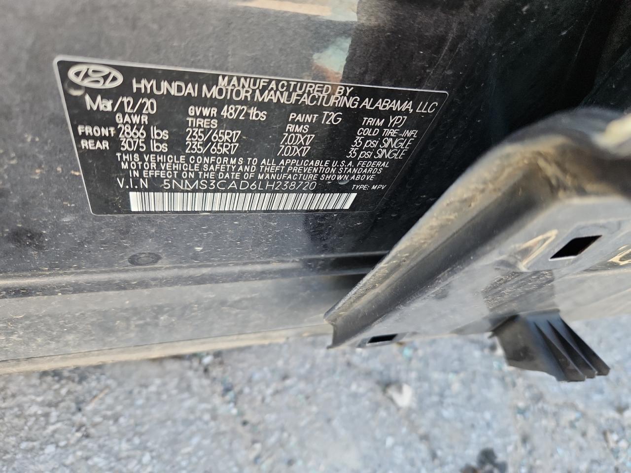 2020 Hyundai Santa Fe Sel VIN: 5NMS3CAD6LH238720 Lot: 63556775