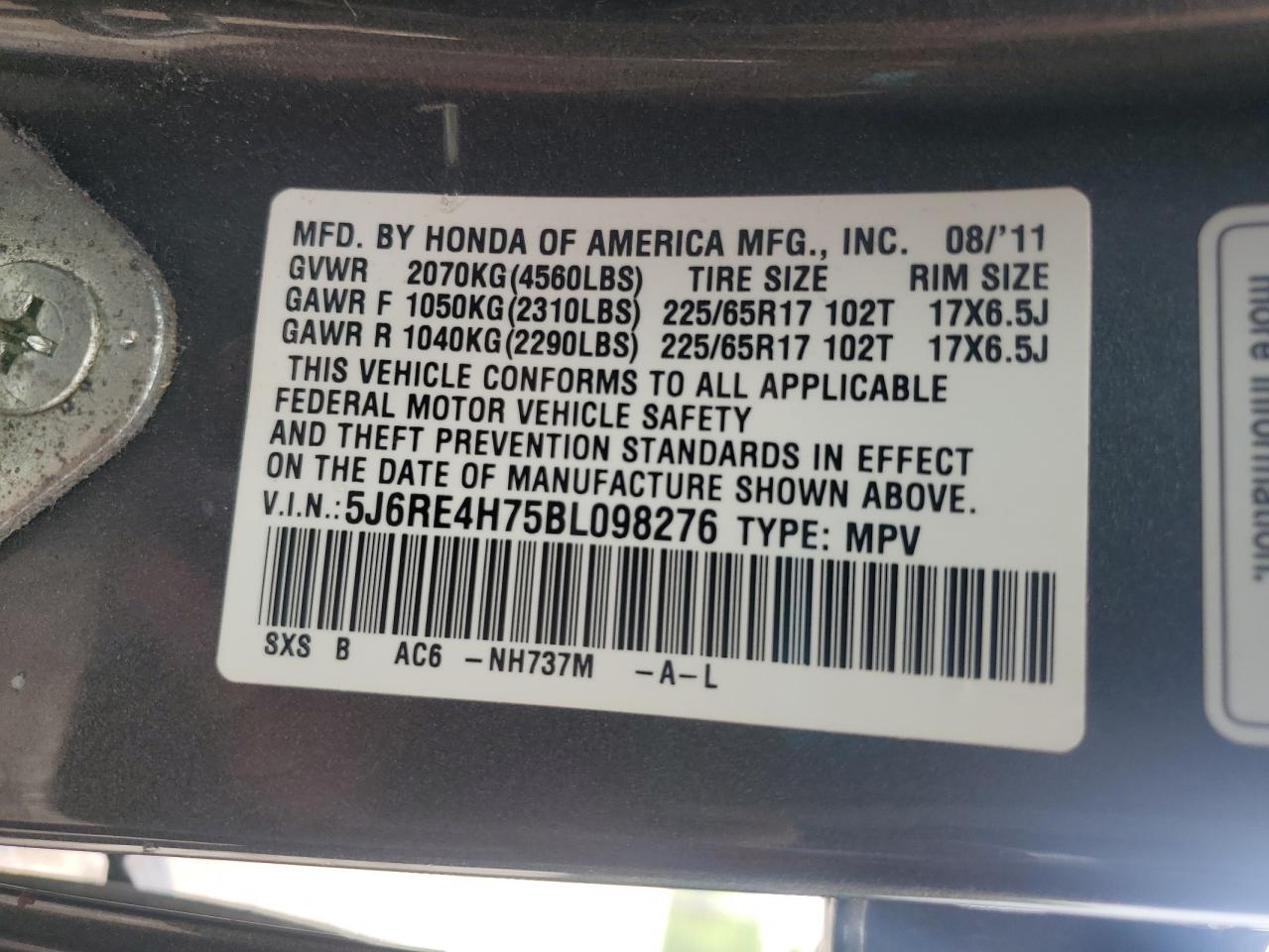 2011 Honda Cr-V Exl VIN: 5J6RE4H75BL098276 Lot: 66628085