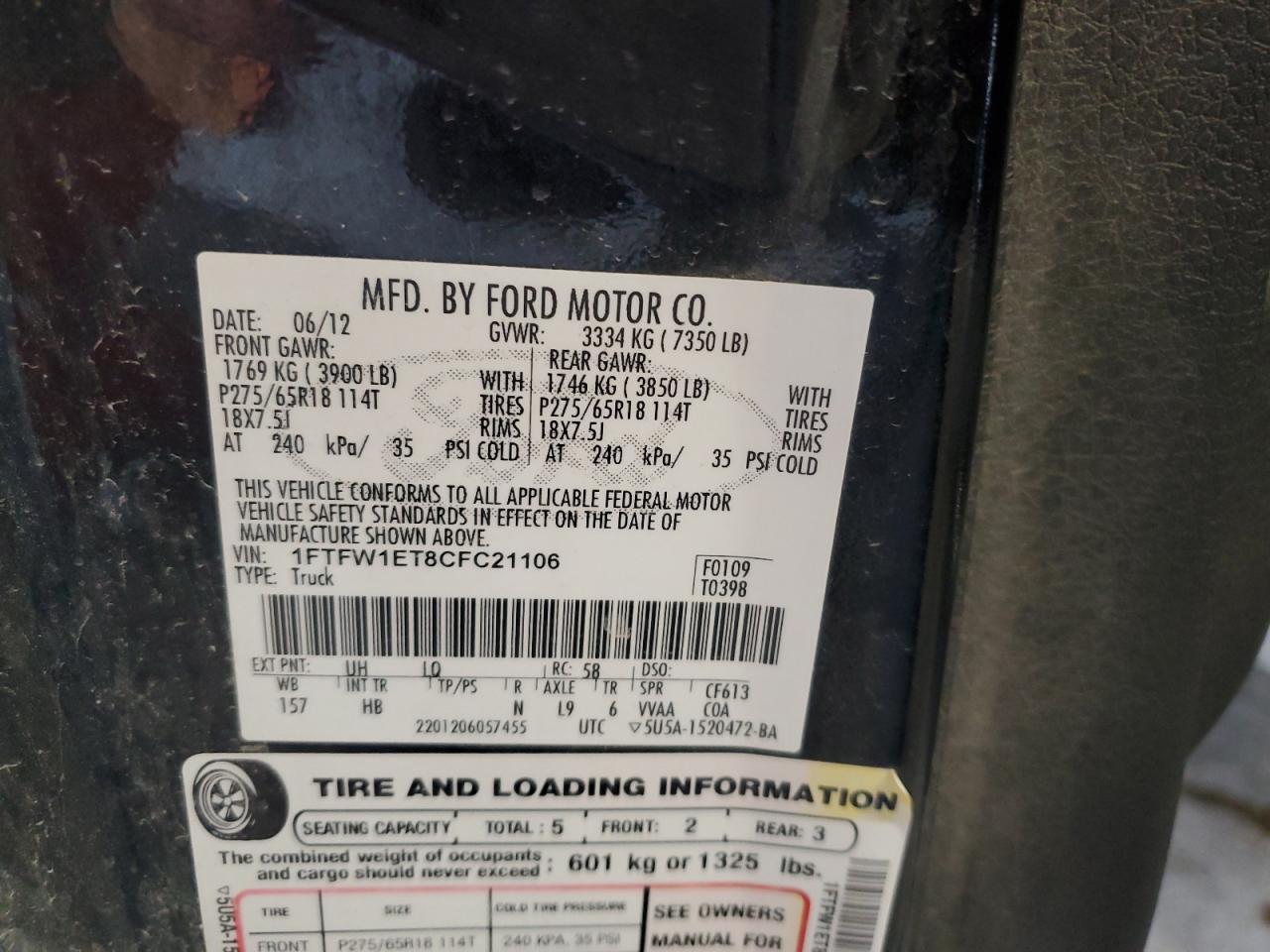 2012 Ford F150 Supercrew VIN: 1FTFW1ET8CFC21106 Lot: 65284395