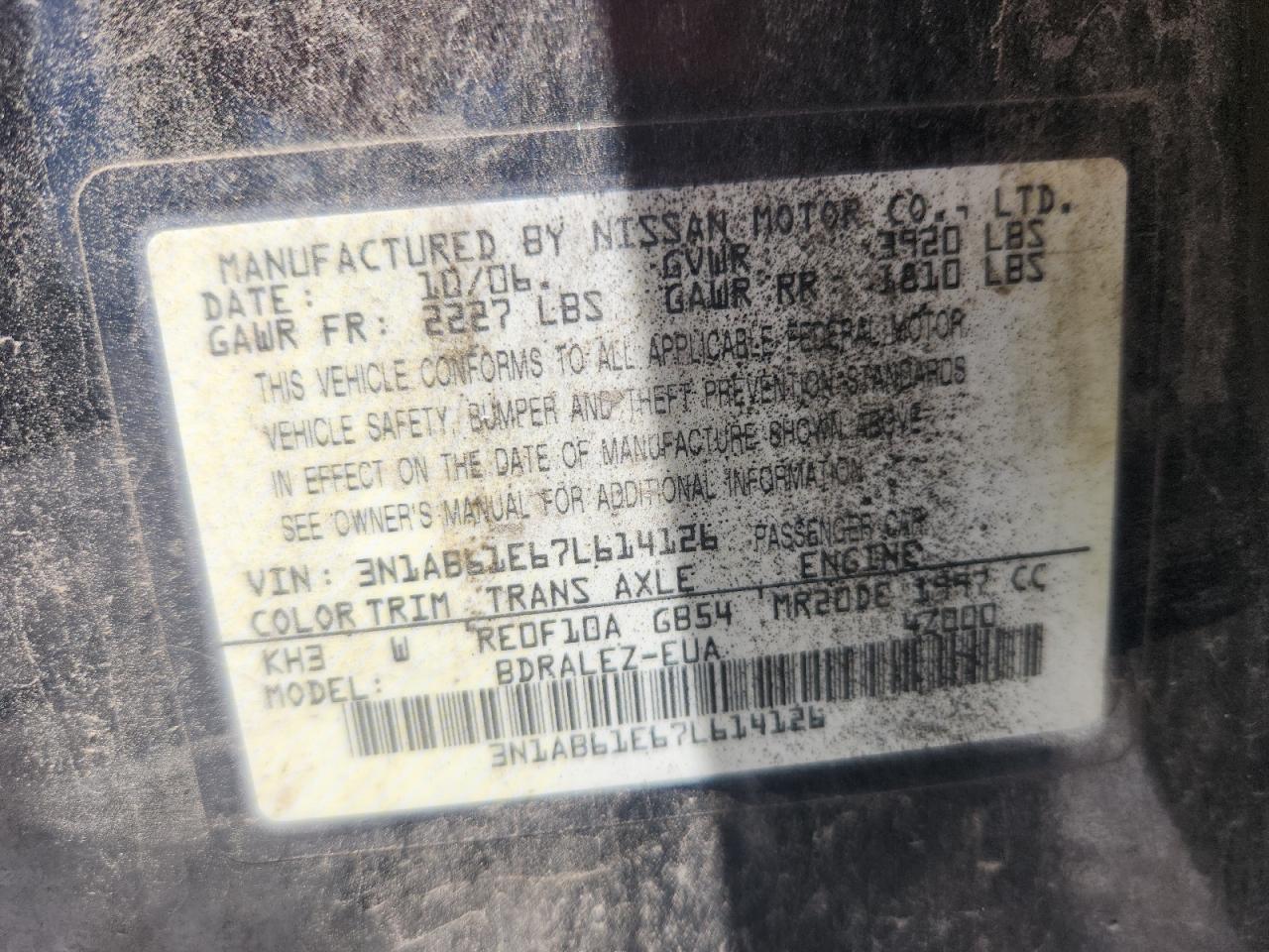 2007 Nissan Sentra 2.0 VIN: 3N1AB61E67L614126 Lot: 65780295