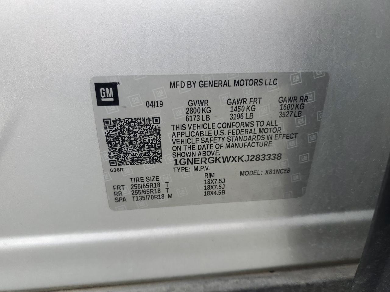 2019 Chevrolet Traverse Lt VIN: 1GNERGKWXKJ283338 Lot: 63580805