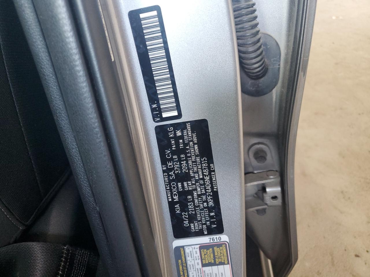 2022 Kia Forte Fe VIN: 3KPF24AD6NE487815 Lot: 65795725