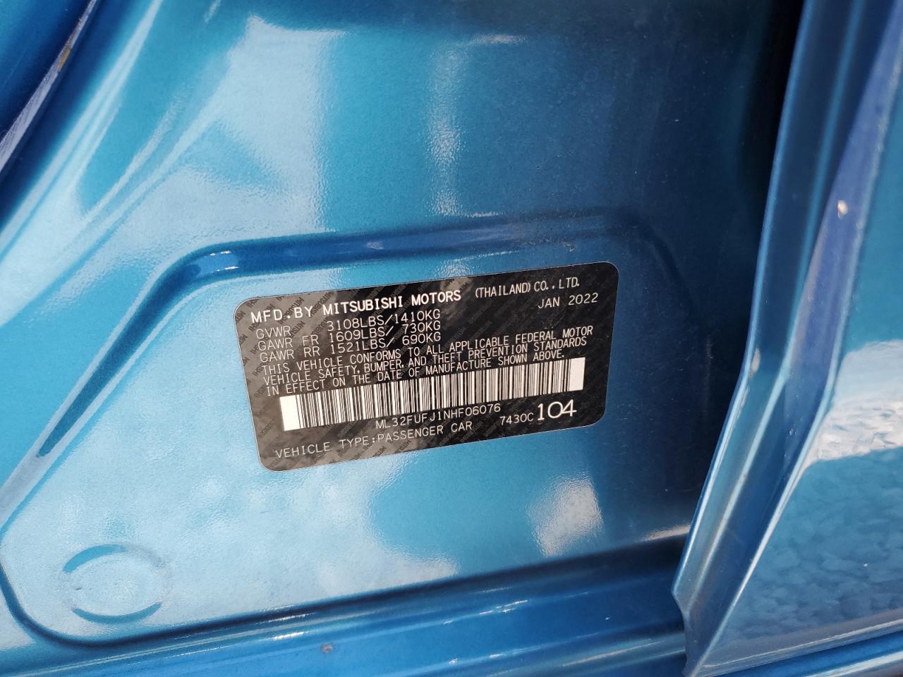 2022 Mitsubishi Mirage G4 Es VIN: ML32FUFJ1NHF06076 Lot: 64423105