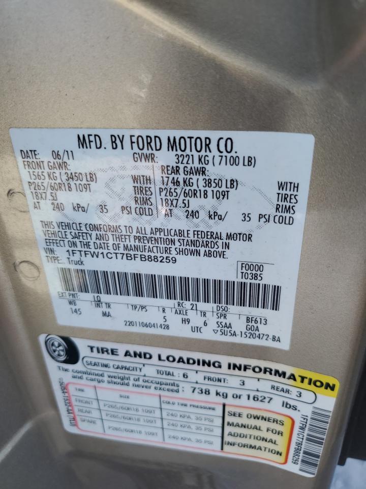 2011 Ford F150 Supercrew VIN: 1FTFW1CT7BFB88259 Lot: 64956075