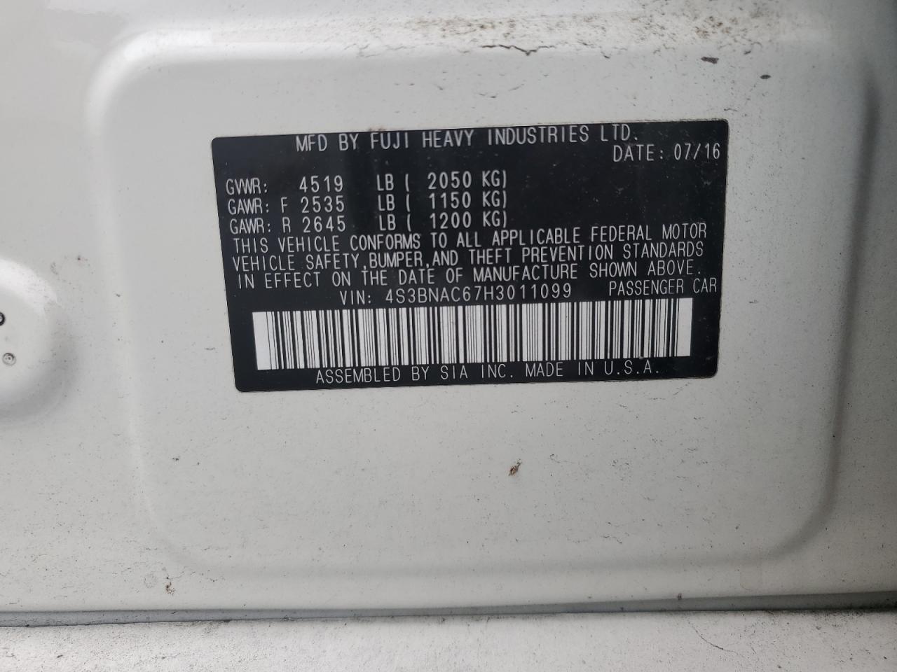 2017 Subaru Legacy 2.5I Premium VIN: 4S3BNAC67H3011099 Lot: 63934635