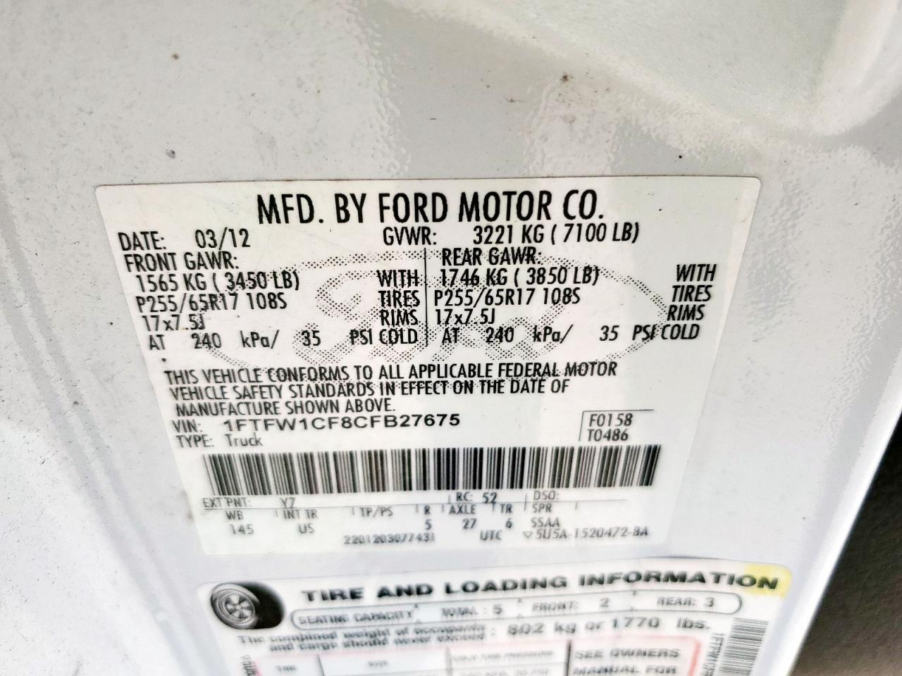 2012 Ford F150 Supercrew VIN: 1FTFW1CF8CFB27675 Lot: 66313685