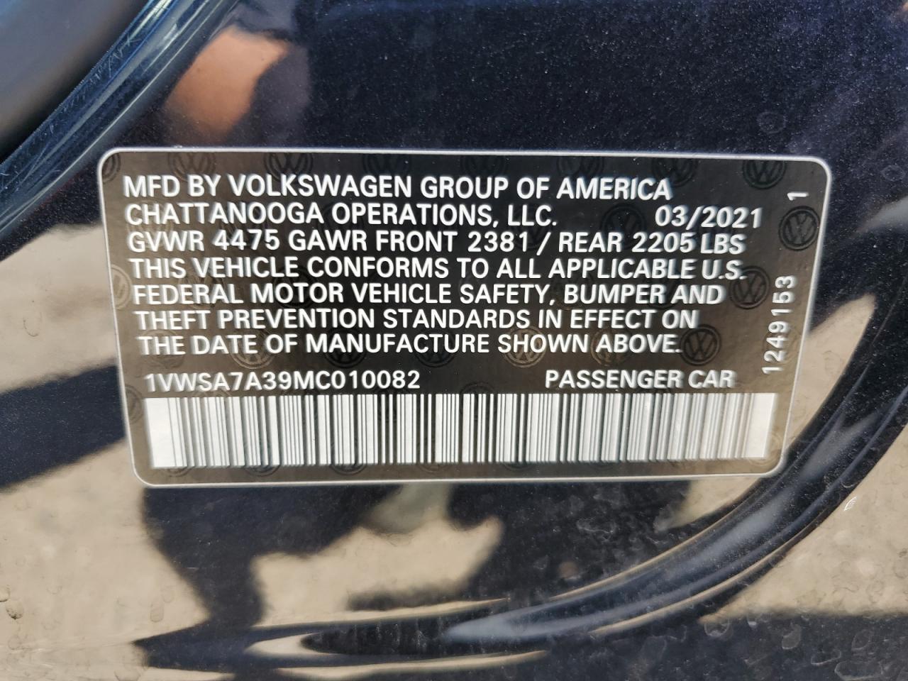 2021 Volkswagen Passat Se VIN: 1VWSA7A39MC010082 Lot: 63823235