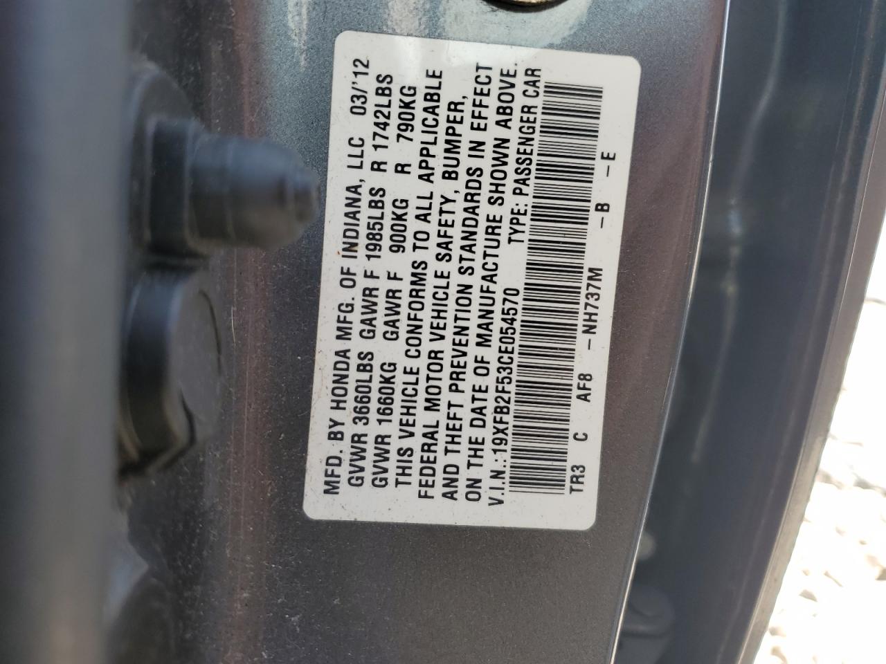 2012 Honda Civic Lx VIN: 19XFB2F53CE054570 Lot: 66825195