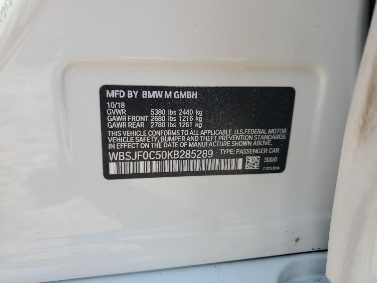 WBSJF0C50KB285289 2019 BMW M5