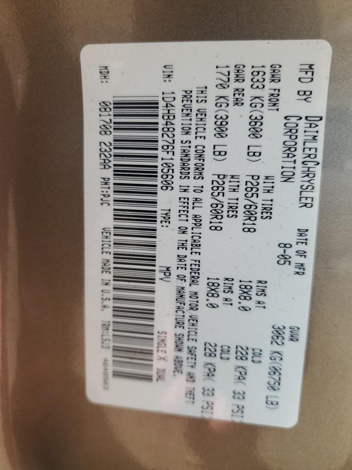 2006 Dodge Durango Slt VIN: 1D4HB48276F105606 Lot: 66552465