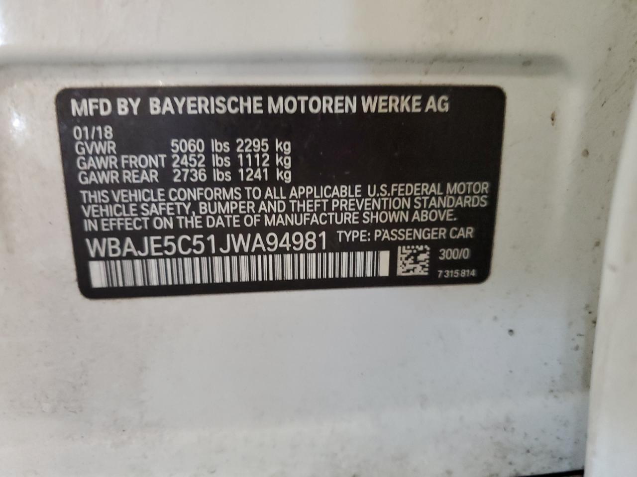 2018 BMW 540 I VIN: WBAJE5C51JWA94981 Lot: 66166875