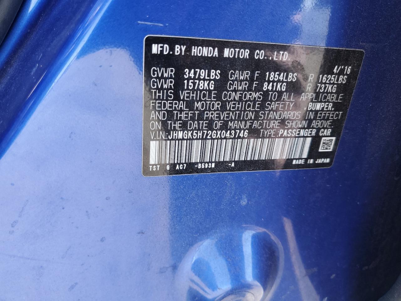 2016 Honda Fit Ex VIN: JHMGK5H72GX043746 Lot: 64066855