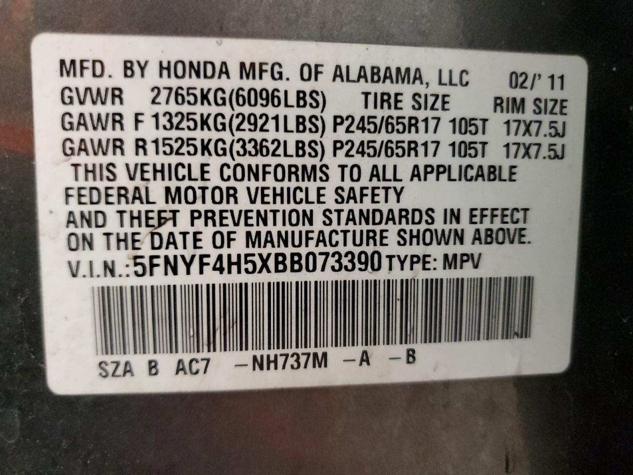 2011 Honda Pilot Exl VIN: 5FNYF4H5XBB073390 Lot: 64736215