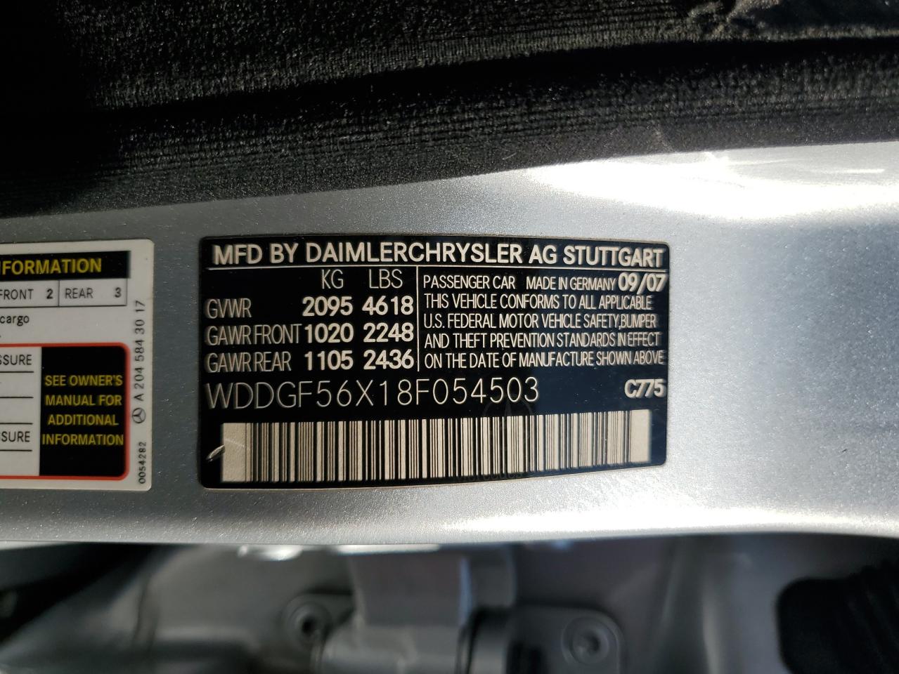 2008 Mercedes-Benz C 350 VIN: WDDGF56X18F054503 Lot: 63579305