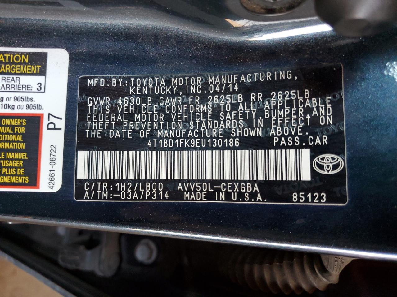 2014 Toyota Camry Hybrid VIN: 4T1BD1FK9EU130186 Lot: 64603855