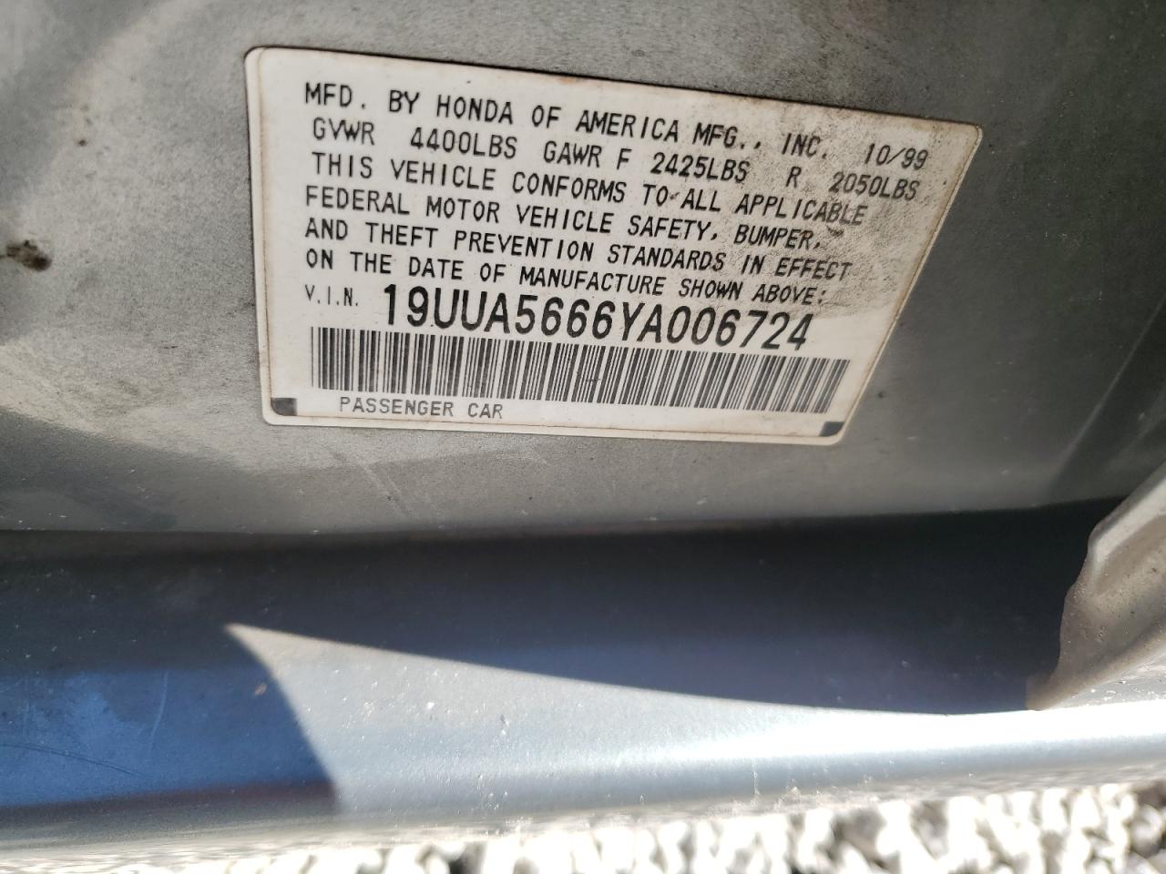 2000 Acura 3.2Tl VIN: 19UUA5666YA006724 Lot: 63335025