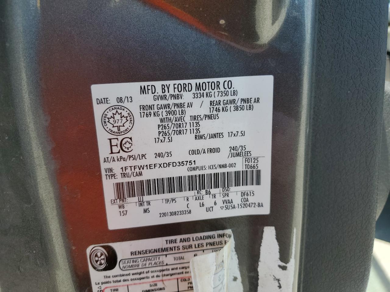 2013 Ford F150 Supercrew VIN: 1FTFW1EFXDFD35751 Lot: 65544475