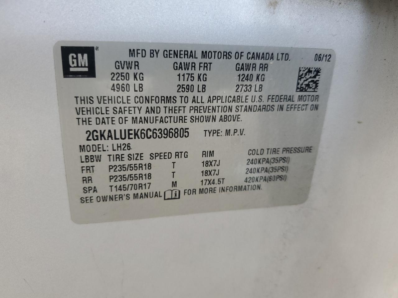 2012 GMC Terrain Slt VIN: 2GKALUEK6C6396805 Lot: 65342595