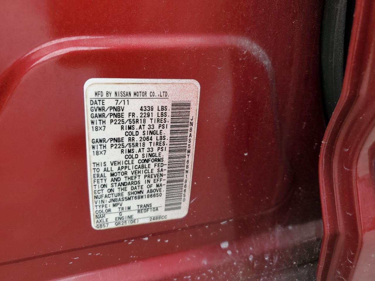 2011 Nissan Rogue S VIN: JN8AS5MT6BW186650 Lot: 65033865