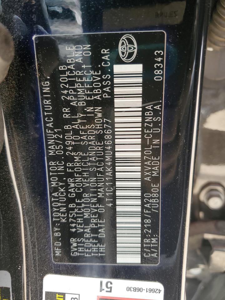2021 Toyota Camry Le VIN: 4T1C11AK4MU468677 Lot: 64572175