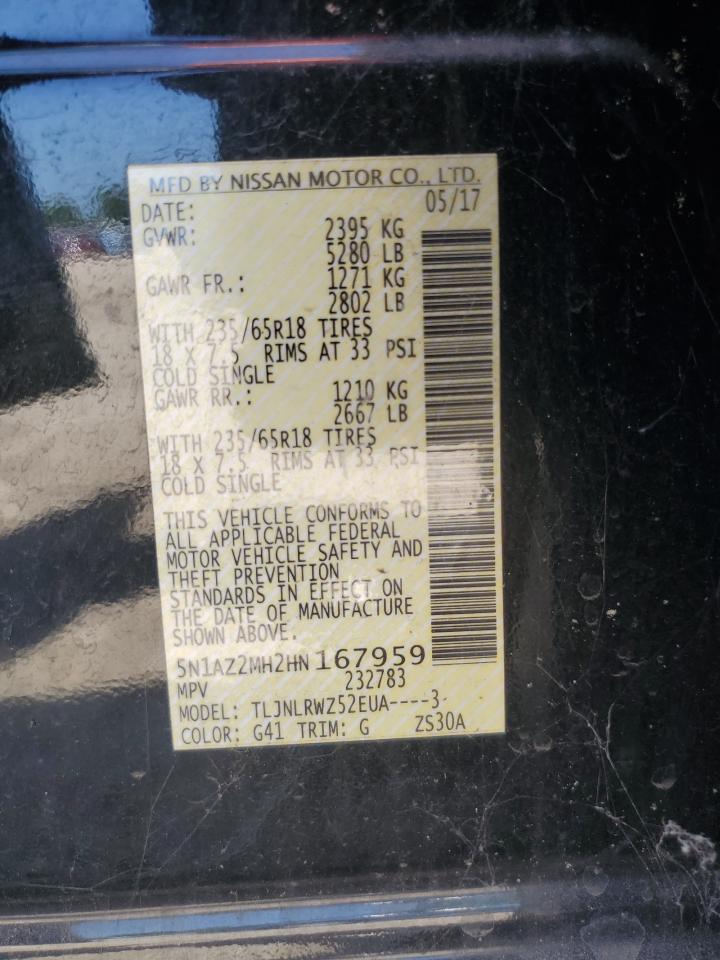 2017 Nissan Murano S VIN: 5N1AZ2MH2HN167959 Lot: 64457365