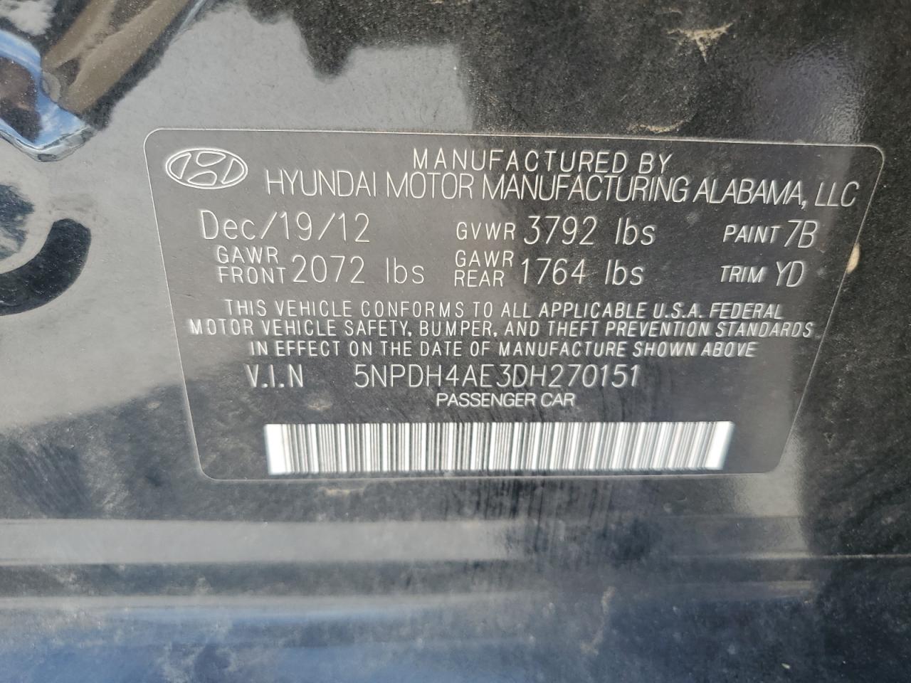 2013 Hyundai Elantra Gls VIN: 5NPDH4AE3DH270151 Lot: 64808375