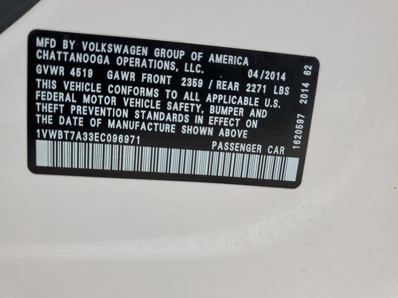 2014 Volkswagen Passat Se VIN: 1VWBT7A33EC096971 Lot: 62943875