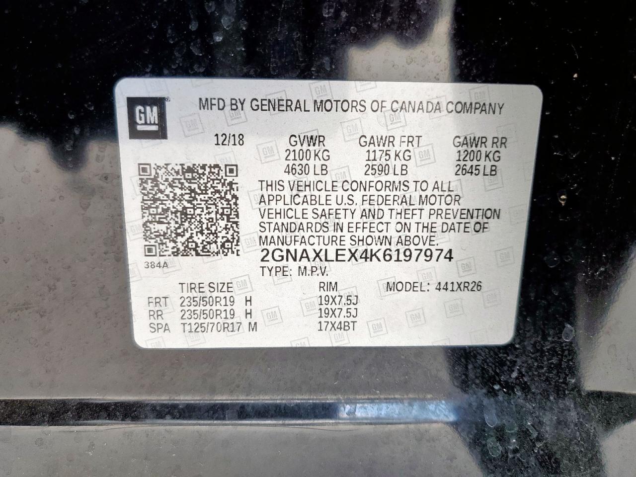 2019 Chevrolet Equinox Lt VIN: 2GNAXLEX4K6197974 Lot: 65035255