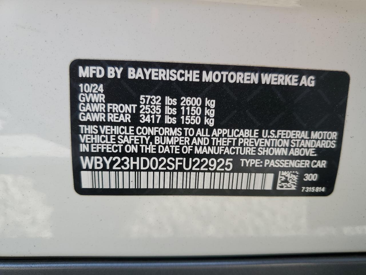 2025 BMW I4 Edrive 40 VIN: WBY23HD02SFU22925 Lot: 64624905