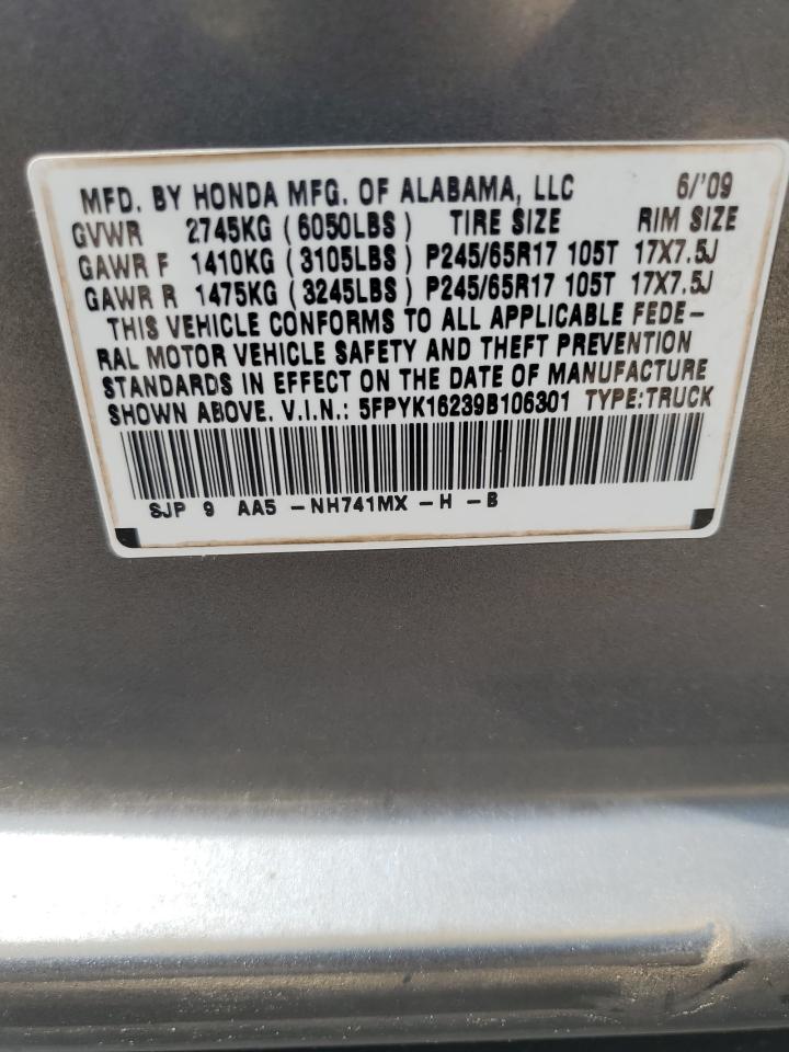 2009 Honda Ridgeline Rt VIN: 5FPYK16239B106301 Lot: 63449315