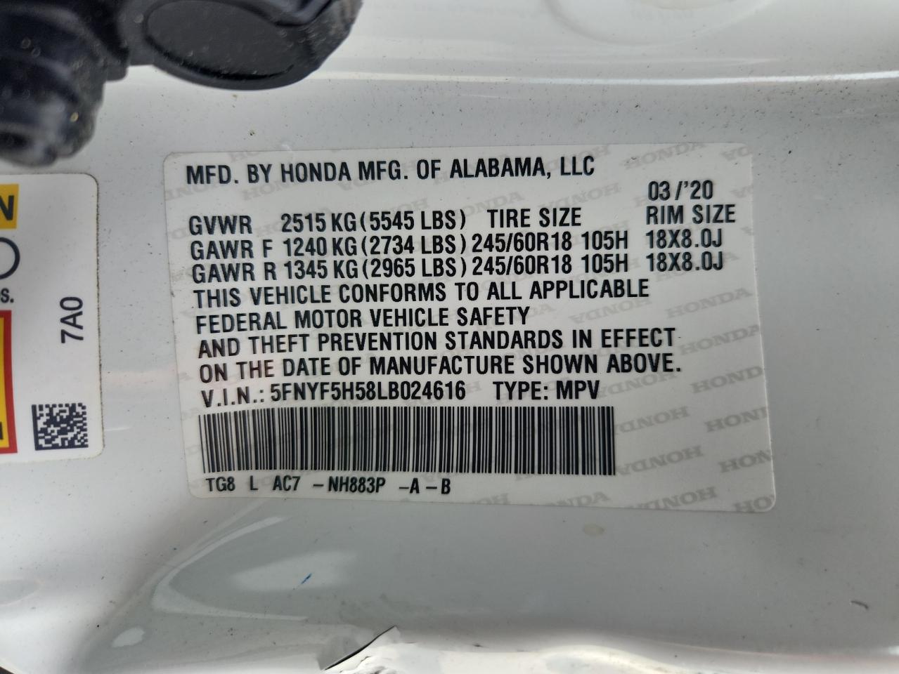 2020 Honda Pilot Exl VIN: 5FNYF5H58LB024616 Lot: 64363495