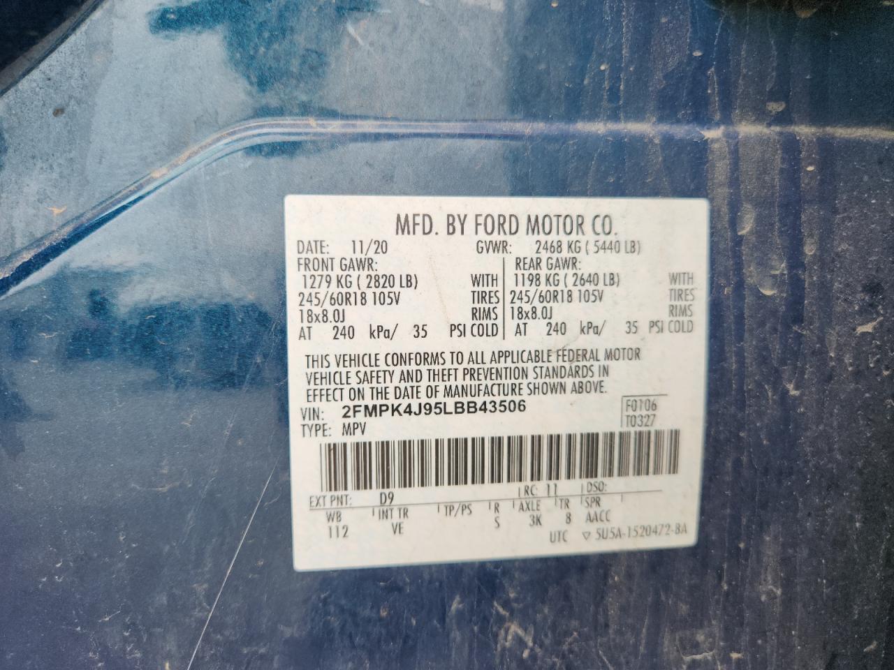 2020 Ford Edge Sel VIN: 2FMPK4J95LBB43506 Lot: 64237935
