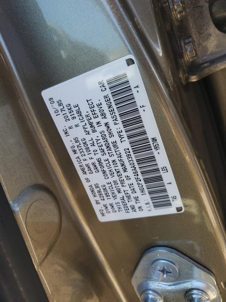 2010 Honda Accord Lxp VIN: 1HGCP2F46AA033922 Lot: 64785595