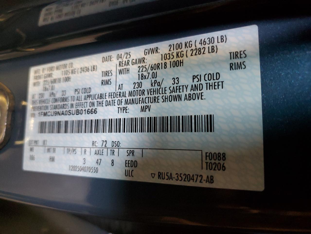 2025 Ford Escape St Line Select VIN: 1FMCU9NA0SUB01666 Lot: 65414715