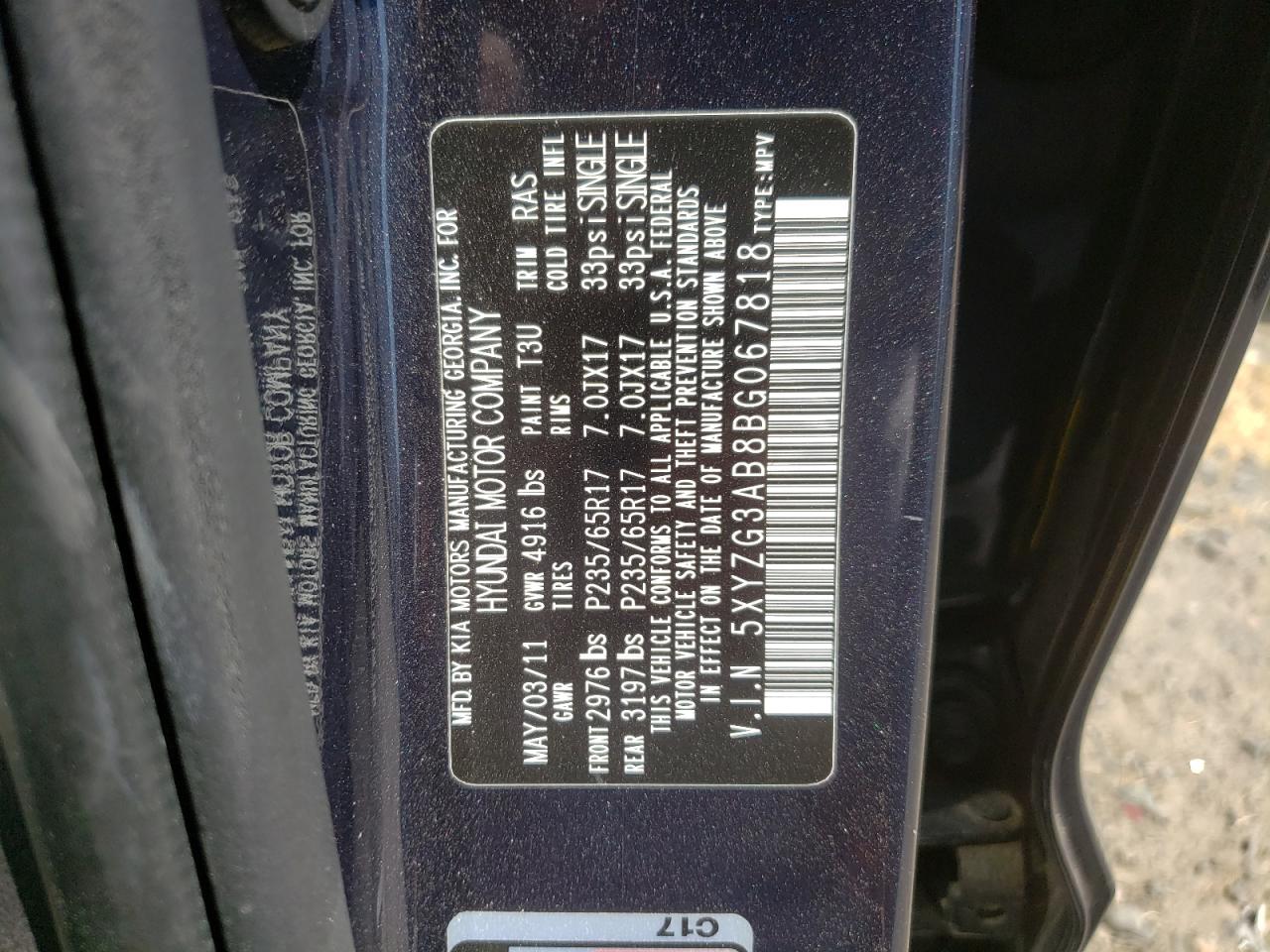2011 Hyundai Santa Fe Gls VIN: 5XYZG3AB8BG067818 Lot: 64421155