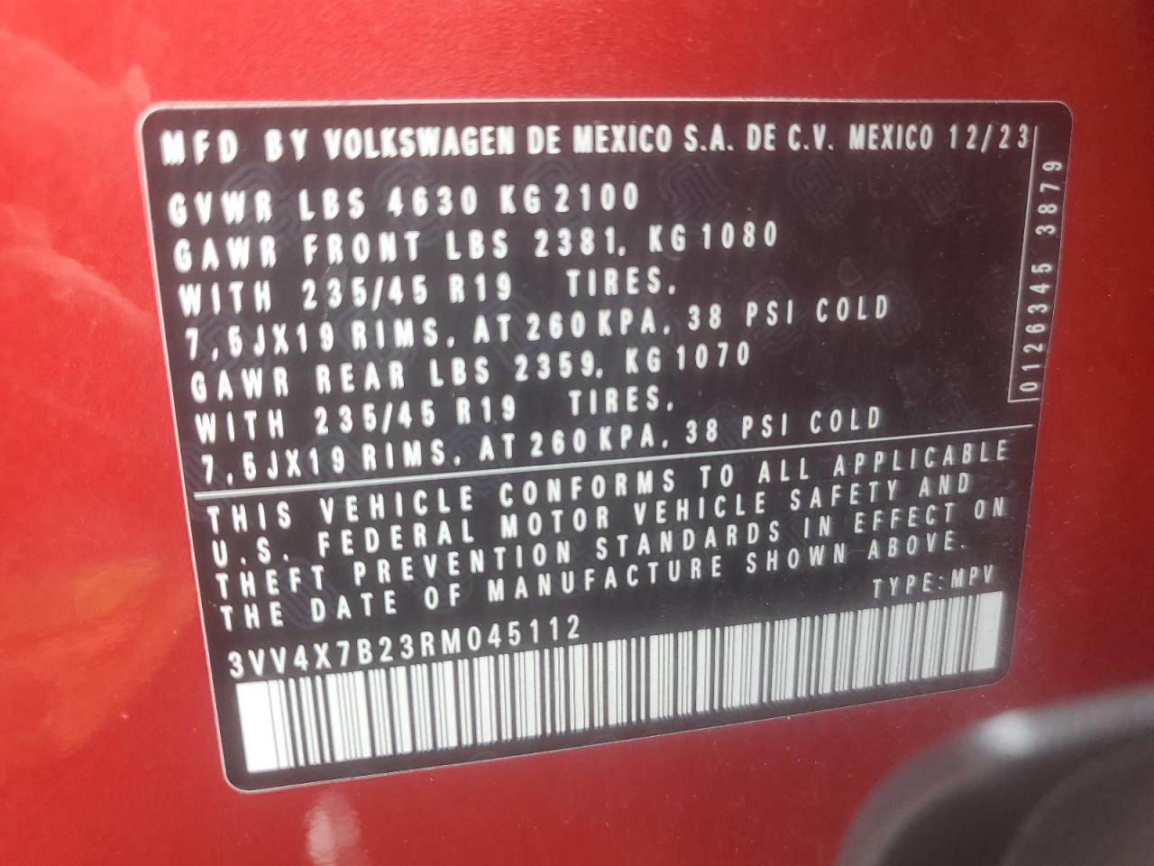 2024 Volkswagen Taos Sel VIN: 3VV4X7B23RM045112 Lot: 64782445
