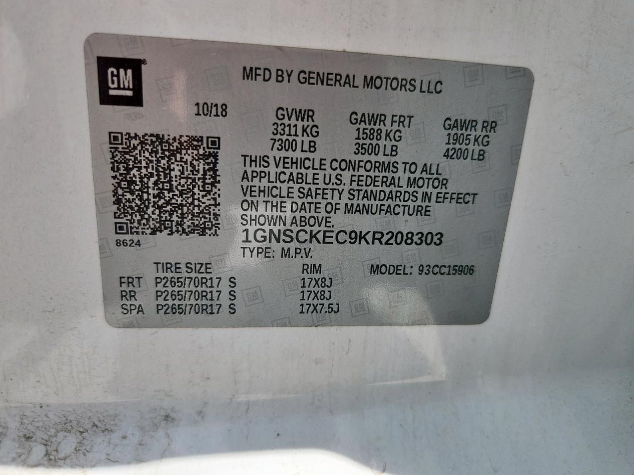 2019 Chevrolet Suburban C1500 VIN: 1GNSCKEC9KR208303 Lot: 63667135